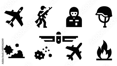 Military icons set: soldier, aircraft, helmet, explosion, flame, warfare symbols