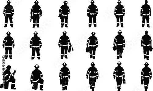 Firefighter silhouette set with brave firemen in protective gear walking and kneeling poses isolated on white background for emergency rescue and safety vector design