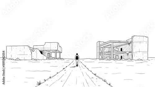 Person walking in abandoned city with crumbling buildings in line art style