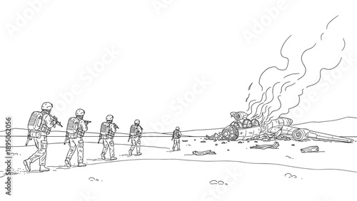Crash landing scene with soldiers approaching burning wreckage in desert line art