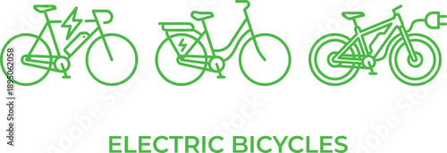 Flat vector illustration of eco-friendly electric bicycles with battery, plug, and lightning icons, sustainable transport, green mobility design concept
