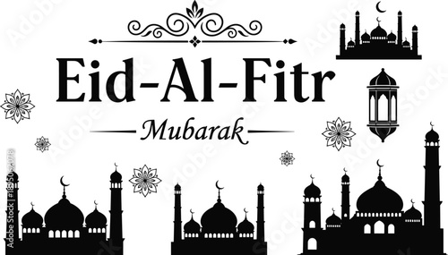 Flat vector illustration of Eid-Al-Fitr Mubarak greeting card with mosque silhouettes, crescent moon, lantern, Islamic festival celebration design