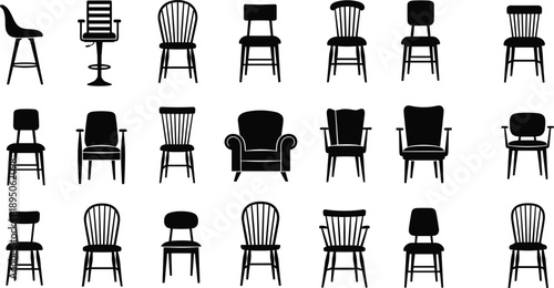 Large collection of black chair silhouettes featuring modern bar stools, vintage wooden dining chairs, elegant armchairs, and office seating icons isolated on white background