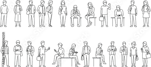 PrintMinimalist black and white line art vector illustration set of diverse people standing sitting and using mobile phones isolated on a white background