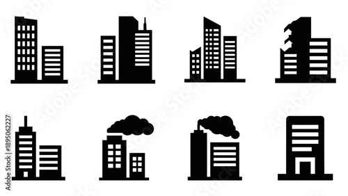 Silhouette urban skyscraper icons: simplistic skylines for modern design