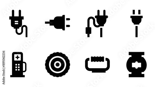 Black silhouette icon set of power plugs and industrial equipment