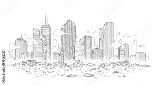 Ruined city skyline with crumbling skyscrapers in detailed linear art