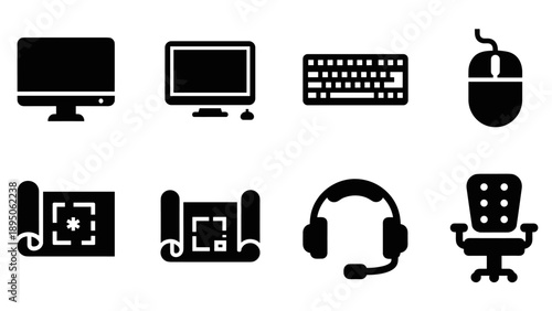 Minimalist office equipment icons: monitors, keyboard, mouse, desk, blueprints, headset