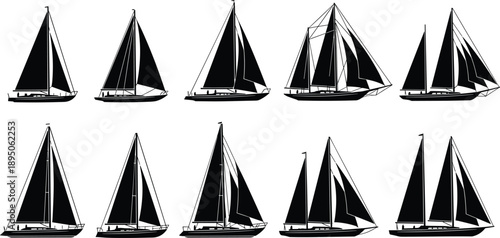 Sailing yacht silhouette set with luxury sailboats and racing ships traveling on water isolated on white background for marine nautical and ocean vector design (2