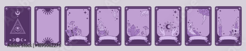 Tarot card. Medieval frame, fantasy game. Mystery border monochrome purple design, vintage drawn decorations. Decorative spiritual sign. Retro print, occult deck. tidy astrology cover template