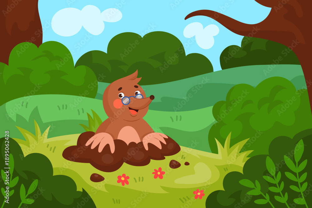 Obraz premium Mole. Cartoon forest background. Animal in hole in green park. Lifestyle of child character in green forest meadow. Friendly children mascot in colorful landscape. tidy wildlife illustration