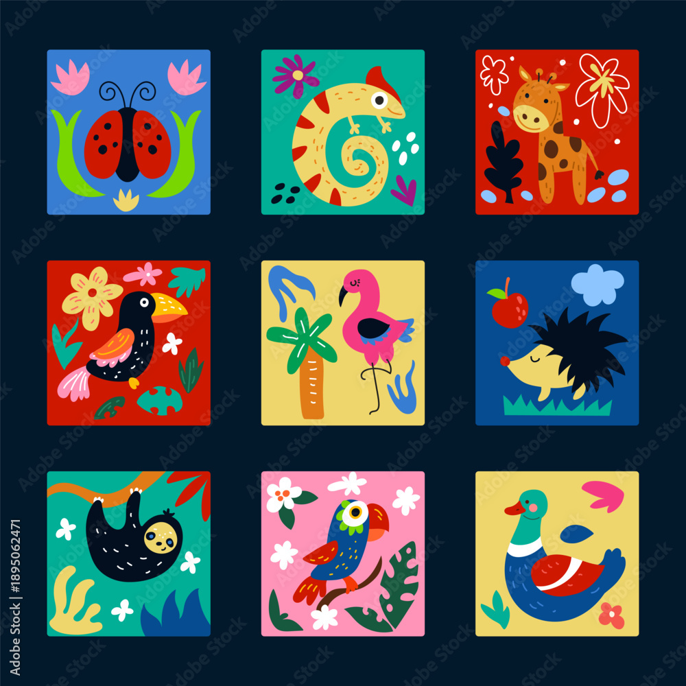 Fototapeta premium Children pattern. Background with animal. Graphic Matisse. Colorful floral leaves. Decorative naive poster, doodle cards with birds and insects. Modern kid minimal collection. baby tidy design