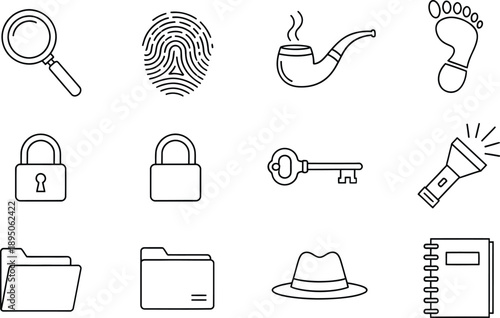 A collection of linear icons representing investigation, mystery, and detective elements