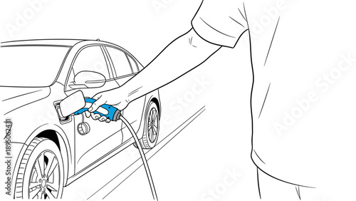 Hand charging electric car with blue cable in linear style for eco-friendly concept