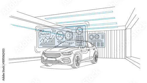 Futuristic car in high-tech garage with digital interface and data analytics