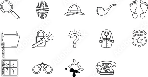 Black and white line art collection representing detective investigation tools and crime scene evidence