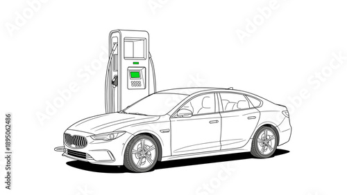 Electric car charging at station in linear style