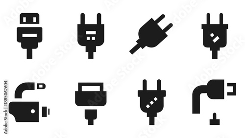 Silhouette collection of electrical plug and connector icons for tech design