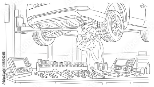 Mechanic repairing vehicle on lift in auto garage workshop