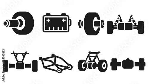 Minimalist icons of automotive parts and engineering diagrams