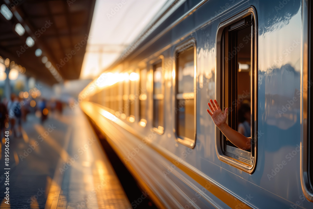 Fototapeta premium Suburban Train Journey Hand Waving Goodbye from Window in Golden Sunset
