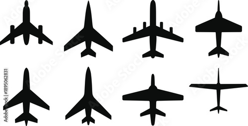 Vector Collection of Airplane Silhouettes Featuring Top View Perspectives of Various Commercial Jets Passenger Aircraft and Aviation Symbols Isolated on White Background
