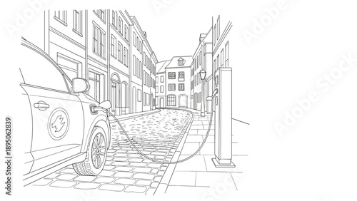 Electric car charging on european street with cobblestone in line art