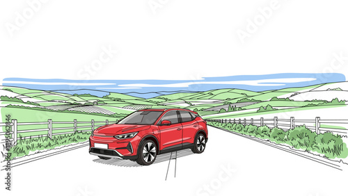 Red car on scenic countryside road with rolling hills in background