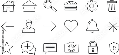 A collection of 21 simple line art icons for user interface design