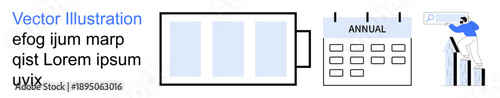 Business analytics, schedule management, productivity tracking, financial analysis, strategy planning, goal setting. Calendar labeled Annual, bar chart and person analyzing data. Business analytics