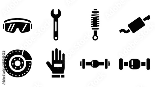 Silhouette icons of car parts: goggles, wrench, suspension, muffler, brake, glove, axle