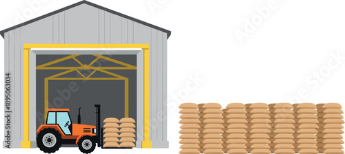 Modern industrial warehouse building with orange forklift loading sacks and large stack of grain bags isolated on white for logistics and storage.