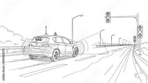 Autonomous car on highway with traffic lights in linear style