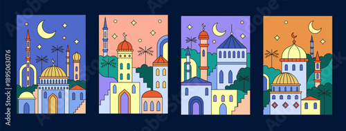 Ramadan poster. Eid Mubarak geometric design. Islamic colorful line art. Mosque silhouette, traditional building. Muslim moon modern landscape. Linear graphic color. greeting tidy cards set