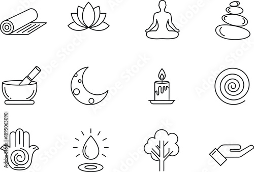 Outline icons representing wellness, spa, meditation, and spiritual concepts