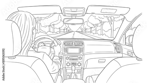 Linear style interior car view with driver on scenic road