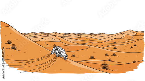 Adventure jeep navigating the dunes of a vast desert landscape