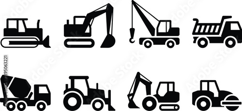 Vector Collection of Heavy Construction Machinery Icons Featuring Bulldozer Excavator Crane Dump Truck Cement Mixer and Tractor Silhouettes for Industrial Design