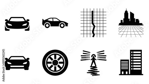Car icons and transportation silhouettes with city grid elements
