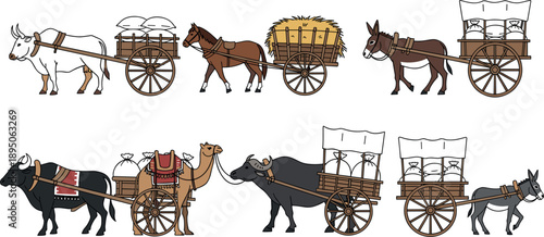 Collection of traditional animal-drawn carts and wagons including horse, ox, camel, and donkey transport for rustic heritage and historical design.
