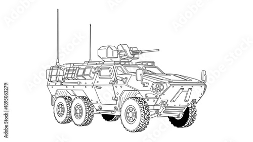 Detailed outline of armored military vehicle with weaponry