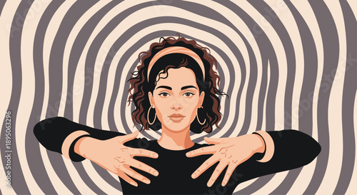 Stylized portrait of woman with curly hair and headband over black and white hypnotic spiral background in pop art style.
