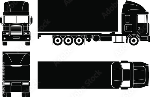 Vector Collection of Heavy Duty Semi Truck Silhouettes Featuring Front Side Rear and Top View Perspectives of Cargo Trailer for Logistics Design