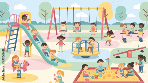 Happy children playing together at a diverse outdoor playground.