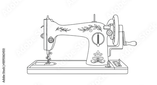Detailed line art illustration of classic antique sewing machine with floral patterns and manual hand crank on white background.