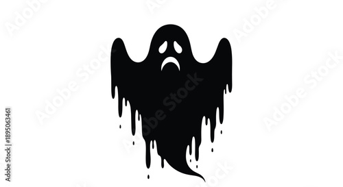 Melancholy black melting ghost silhouette with sad eyes and mouth for moody halloween or alternative streetwear design.