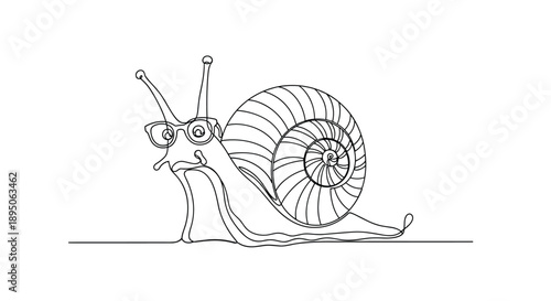 Whimsical character illustration of a slow snail wearing smart glasses depicted in playful continuous line art style.