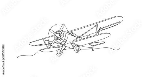 Vintage propeller biplane captured in flight using elegant and dynamic continuous line art style for aviation enthusiasts.