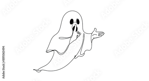 Playful ghost making a silence gesture with finger to lips in minimalist continuous line art style for halloween fun.