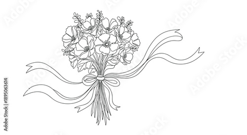 Romantic bouquet of flowers tied with long flowing ribbons in detailed black and white line art illustration for weddings.